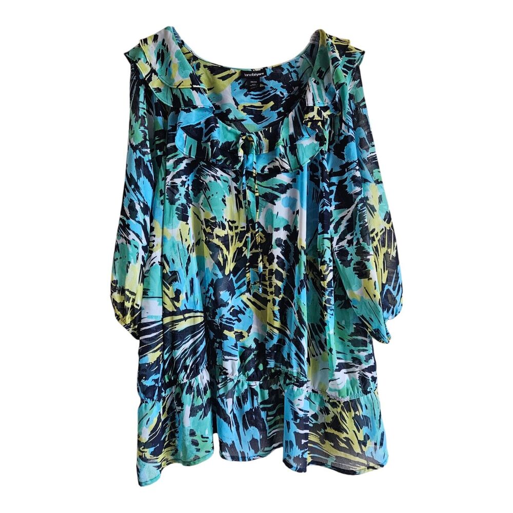LANE BRYANT Plus 26 28 Tunic Blouse Blue Green Yellow Ruffle 3/4 Sleeve 54"